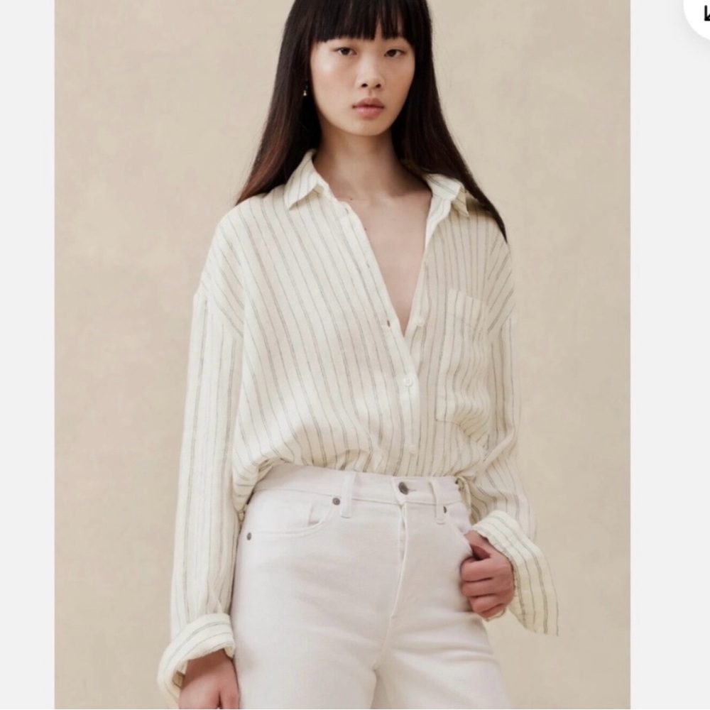 Banana Republic Oversized Linen Cream/Black Striped Button Down Shirt NWT